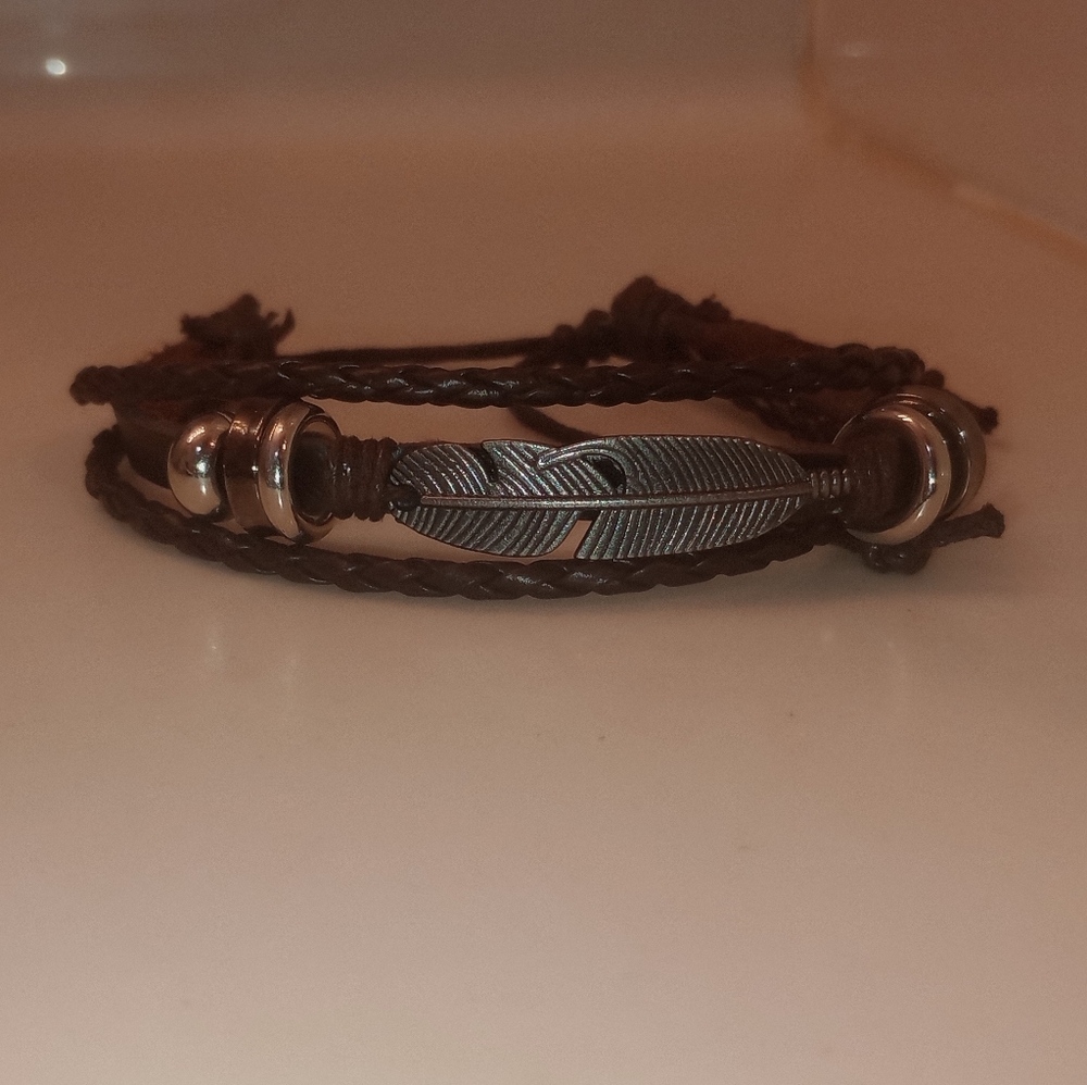 Feather Charm Multi-Strand Braided Leather Bracelet